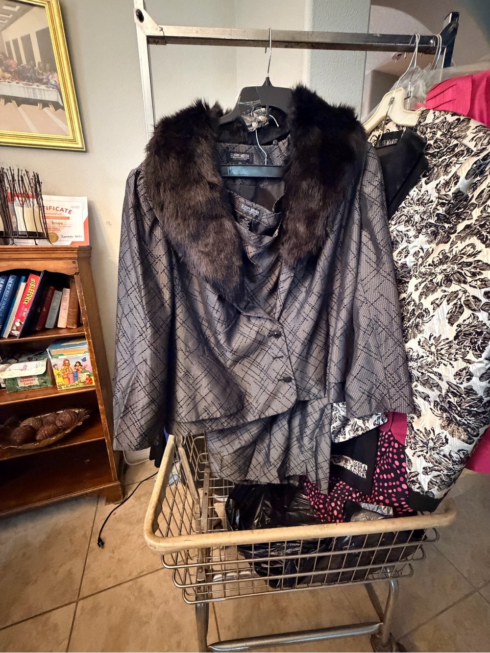 Vintage-Inspired Black Patterned Jacket and Skirt with Faux Fur Collar